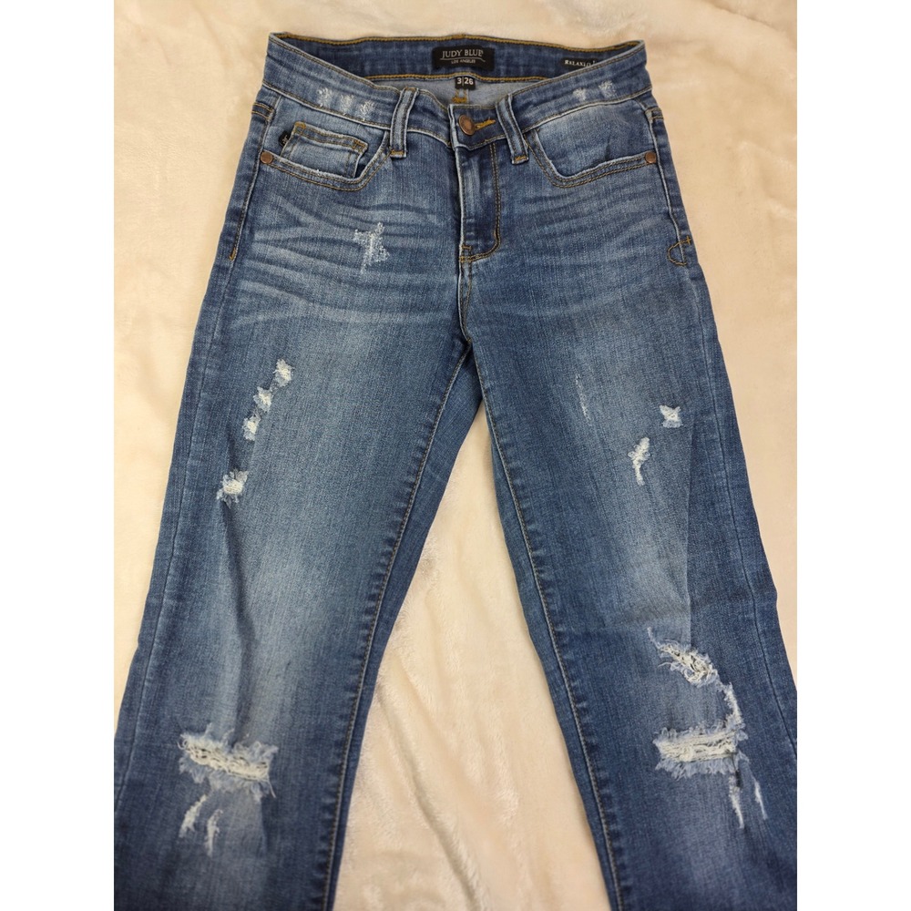 Judy Blue Distressed Relaxed Fit Jeans Women Size 3 26 Blue Denim